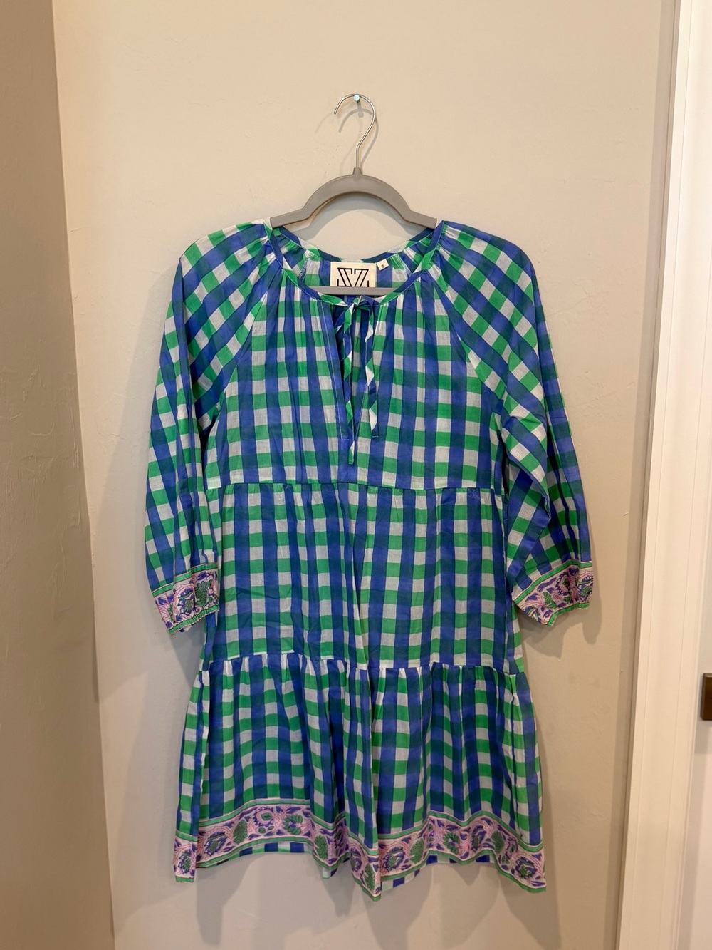 SZ Blockprints Blue and Green Gingham Priya Dress Size Small